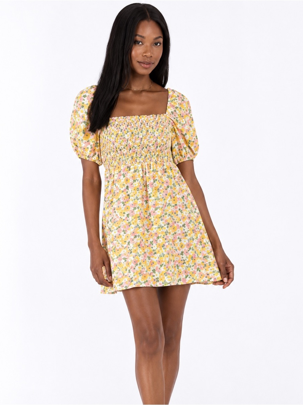 RESA Floral Mini Dress XS Smocked Puff Sleeve Cottagecore Garden Party Romantic
